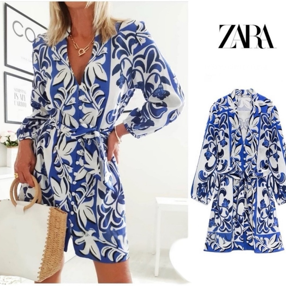 Zara‎ linen blend printed shirt mini dress 7964/026